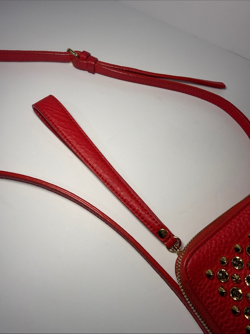 MCM Studded Crossbody / Wristlet– Red Pebbled Leather Gold Studs - Picture 9 of 13